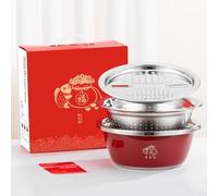 snowchecking Stainless Steel Mixing Bowl Set 3 Piece, Stackable 201 Steel Basins for Kneading Dough, Washing Fruit, Induction Compatible, Red(B)