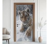 Snowfall Tiger Door Stickers Waterproof Peel and Stick Door Mural, Jungle Animal 3D Door Stickers Self Adhesive Wall Sticker, Winter Snow Scene Murals Vinyl Wallpaper Home Decor 75x200 cm
