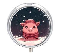 Snowflake and Piggy Round Pill Box Travel Portable Pill Case 23 Compartment Medicine Metal Tablet Vitamin Holder Organizer for Purse Pocket