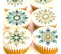 Snowflake Cupcake Toppers - Edible Wafer or Icing - 4cm x 24 - Green Gold Cake Decorations (Edible Icing)