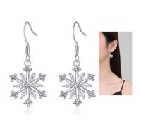 Snowflake Dangle Drop Earrings for Women Girls, White Gold Plated Cubic Zirconia Christmas Earrings 925 Sterling Silver Jewellery Presents for Christmas Xmas Party Winter Holiday (Silver,One Size)