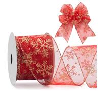 Snowflake Glitter Wired Ribbon for Christmas Tree, Gift Wrapping, 2.5 Inch x 20 Yards Red Sheer Organza Ribbon with Gold Glitter Snowflake Pattern for Crafts, Bows Making, Floral, Garlands