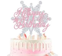 Snowflake Happy Birthday Cake Topper, Winter Wonderland Frozen Cake Decor, Winter Christmas Baby Shower Baby’s 1st Birthday Party Decorations Supplies Pink Glitter