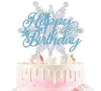 Snowflake Happy Birthday Cake Topper, Winter Wonderland Frozen Cake Decor, Winter Christmas Baby Shower Baby’s 1st Birthday Party Decorations Supplies Blue Glitter
