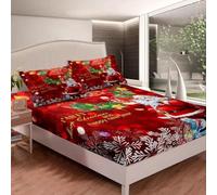 Snowflake King Size Fitted Sheets Father Christmas Bed Sheets Deep Pocket 12 inch (30 cm) Soft Cozy 3 Piece Microfibre Bed Sheet 150x200 cm with 2 Pillowcases 50x75 cm