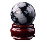 Snowflake Obsidian Crystal Ball, Office Decor Feng Shui with Wooden Base, Stone Sphere Prop for Home Grid,3.5~4cm Gemstone Stone