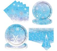 Snowflake Party Supplies Winter Wonderland Tableware Kit Christmas Snow Plates Napkins Tablecloth for Blue and White Snowflakes Birthday Party Supplies Serves 16