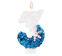 Snowflake Sequin Birthday Number Candles, Glitter Blue White Number Birthday Candle Snow Cake Topper Winter Birthday Party Decoration Supplies (Number 3)