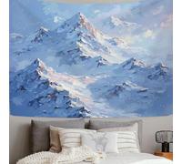 Snowflakes Falling Snow-Capped Mountain Tapestry Landscape Oil Painting Style Wall Tapestry for Bedroom Aesthetic, Light Blue Tapestries Wall Hanging Background Cloth for Living Room Decor 150x100cm
