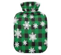 Snowflakes Green Buffalo Plaid Hot Water Bottle with Soft Cover Hand Feet Warmer Hot Water Bag for Menstrual Cramps Small