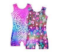 Snowheart Girls Gymnastics Leotard - 2 Pack Sparkly One Piece Pro Kids One Piece Biketards with Shorts for Age 2-9 Years, 2 x colourful leopard and black hearts, 5-6 Jahre