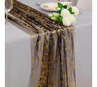 Snowkingdom Black and Gold Cheesecloth Table Runner 10 FT, Sheer Chiffon Sparkle Gauze Mesh Runners 120 Inch, Glitter Table Centerpieces Decoration for Birthday Party Wedding Christmas Halloween