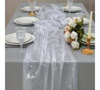 Snowkingdom Christmas Silver Table Runner 10 FT, White Sheer Chiffon Gauze Cheesecloth Sequin Metallic Foil, Silver Table Decoration for Home Wedding Party Birthday Holiday Christmas Winter