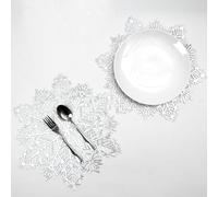 Snowkingdom Christmas Snowflake Placemats Set of 6 Silver Laminated Metallic Vinyl Round 15 inch Diameter Festival Table Decorations For Holiday Party Feast Come With Matching Coaster