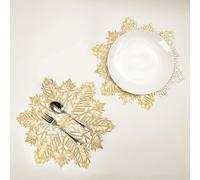 Snowkingdom Snowflake Placemats Gold Pack of 6 Laminated Metallic Vinyl Round 15 inch Winter Festival Table Decorations for Holiday Christmas Party Feast
