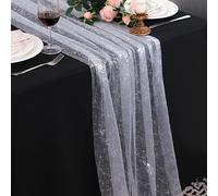Snowkingdom White Silver Table Runner 10 FT, Sheer Chiffon Gauze Cheesecloth Sequin Glitter Metallic Foil, Silver Table Decoration for Home Wedding Party Birthday Holiday Christmas Winter