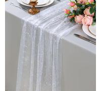 Snowkingdom White Silver Table Runner 10 FT, Sheer Chiffon Gauze Cheesecloth Sequin Glitter Metallic Foil, Silver Table Decoration for Home Wedding Party Birthday Holiday Christmas Winter