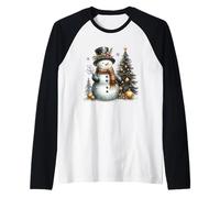 Snowman and Christmas Tree Retro Holiday Winter Wonderland Raglan Baseball Tee