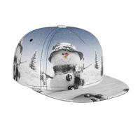 Snowman and Christmas Tree Snapback Hats for Men Women, Flat Bill Brim Hat Adjustable Baseball Cap Black