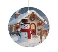 Snowman and Reindeer Ceramic Christmas Ornaments with Gold String - Personalized Double-Sided 2.9 Inch Xmas Tree Decorations, Rustic Winter Hanging Ornaments for Holiday Party Gift