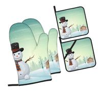 Snowman and Village Printed Oven Mitts and Pot Holders Heat Resistant Set of 4 Pcs, Modern Kitchen Gloves & Potholders for Cooking Baking Grilling