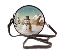 Snowman and Village Round Leather Shoulder Bag for Women with Detachable Strap, Stylish Crossbody Circle Purse
