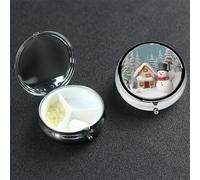 Snowman and Village Round Pill Box 3 Compartment Cute Travel Pill Organizer Case Portable Medicine Vitamin Organizer Metal Pill Case for Women Men Travel Unique Gift