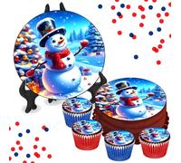 Snowman & Christmas Tree 8 INCH Cake or Cupcake Icing Toppers - Fun Xmas Kids Party Cake Decorations Perfect For Brownies Cookies Muffins & More! (1 x 8 Inch Circle Cake Topper (20.3cm x 20.3cm))