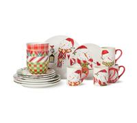 Snowman Delight 16-Piece DINNERWARE Set, Service for 4 - Four Complete Holiday Place Settings Alive with Whimsical Snowman vignettes, Plaid Accents, and the Cozy Warmth of a Winter Wonderland Table.