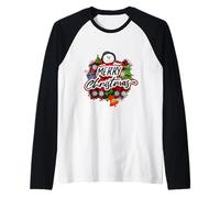Snowman Design. Merry Christmas, Bells Lights Pine Branches Raglan Baseball Tee