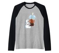 Snowman Drinking Bubble Tea Funny Winter Raglan Baseball Tee