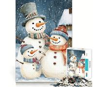 Snowman Family in Winter Scene Jigsaw Puzzle for Adults 1000 Pieces Memory Boost Group Play Pattern Assembly Xmas Surprise (38x52cm)