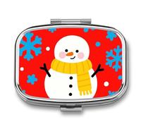 Snowman Scarf Art Pill Box - 2 Compartment Travel Pill Organizer with Small Mirror, Portable Pillcase for Pocket & Purse, Cute Square Medicine Case, Weekly Medicine Container