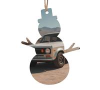 Snowman Shape Christmas Wooden Ornaments â€“ Cars in the desert Print Festive Holiday Home & Office Decoration for Walls, Windows, Fireplace