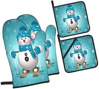 Snowman Skiing with Ornate Snowflakes Oven Mitts and Pot Holders Kitchen Set, 4 Pcs Heat Resistant Cooking Gloves Hot Pads for BBQ Baking Grilling