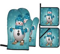 Snowman Skiing with Ornate Snowflakes Vacation Oven Mitts and Pot Holders Kitchen Set, 4 Pcs Heat Resistant Cooking Gloves Hot Pads for BBQ Baking Grilling