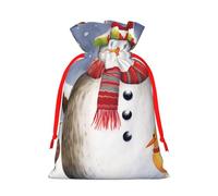 Snowman Squirrel Owl Printed Christmas Drawstring Bags Reusable Xmas Bag for Party Xmas Gift Wrapping, Red Ribbon, S