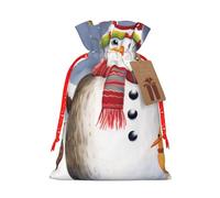 Snowman Squirrel Owl Printed Christmas Drawstring Bags Reusable Xmas Bag for Party Xmas Gift Wrapping, Red Ribbon, S