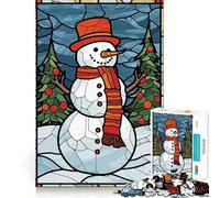 Snowman Stained Glass Jigsaw Puzzle for Adults 1000 Pieces Memory Boost Group Play Pattern Assembly Xmas Surprise (50x75cm)