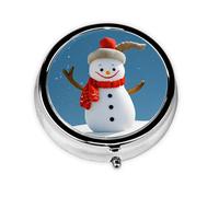 Snowman Wearing Red Hat Printed Round Travel Pill Box Cute Small Metal Pocket Pill Case for Men & Women 3 Compartment Portable Pill Organizer for Purse or Pocket