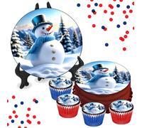 Snowman Winter Scene 8 INCH Cake or Cupcake Icing Toppers - Christmas Xmas Kids Party Cake Decorations Perfect For Brownies Cookies Muffins & More! (1 x 8 Inch Circle Cake Topper (20.3cm x 20.3cm))