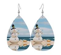 Snowman With Seashells Sitting On Sandy Beach (1) Patterned leather earrings, women's earrings, suitable for daily wear, party and date