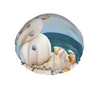 Snowman With Seashells Sitting On Sandy Beach (1) Print Shower Cap for Women & Men - Reusable, Double Layer, Breathable, Hair Bath Cap L