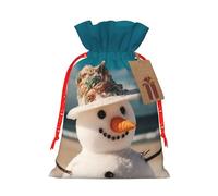 Snowman With Seashells Sitting On Sandy Beach Christmas Drawstring Gift Bags Reusable Christmas Wrapping Bag W/Tags 8.3x11.8 Inch Xmas Treat Pouch Goody Bags Candy Treat Bag For Xmas Holiday Presents