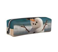 Snowman with Seashells Sitting On Sandy Beach Leather Pencil Case Stationery Bag Pen Holder for Work & Office Zippered Pen Pouch