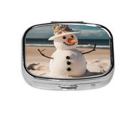 Snowman with Seashells Sitting On Sandy Beach Pill Case 2 Compartment Pill Box Portable Metal Pill Organizer Cute Travel Pill Container Vitamin Organizer for Purse Pocket Travel Gift