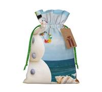 Snowman with Seashells Sitting on Sandy Beach Printed Christmas Drawstring Bags with Green Christmas Ribbon - Reusable Burlap Drawstring Gift Pouches, M