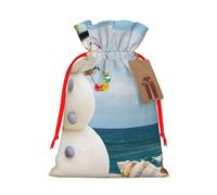 Snowman with Seashells Sitting on Sandy Beach Printed Christmas Drawstring Bags with Red Ribbon - Reusable Burlap Drawstring Gift Pouches, M