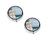 (Snowman with Seashells Sitting on Sandy Beach) Round Pill Box with 3 Compartment Small Pill Organizer Portable Pill Case Vitamin Containers, Travel Essentials 4.6x4.6x1.8 cm