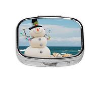 (Snowman with Seashells Sitting on Sandy Beach) Square Pill Box with 2 Compartment Small Pill Organizer Portable Pill Case Vitamin Containers, Travel Essentials 5.5x4x1.8 cm